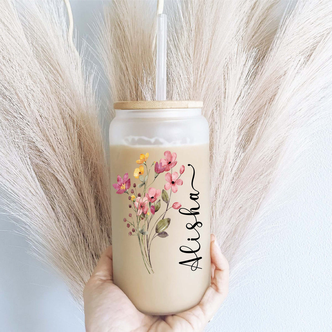 Floral Iced Coffee Cup With Name And Lid Bridesmaid Gift