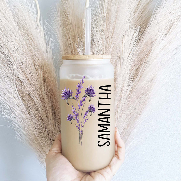 Lavender Iced Coffee Cups With Name Lid Glass Tumbler