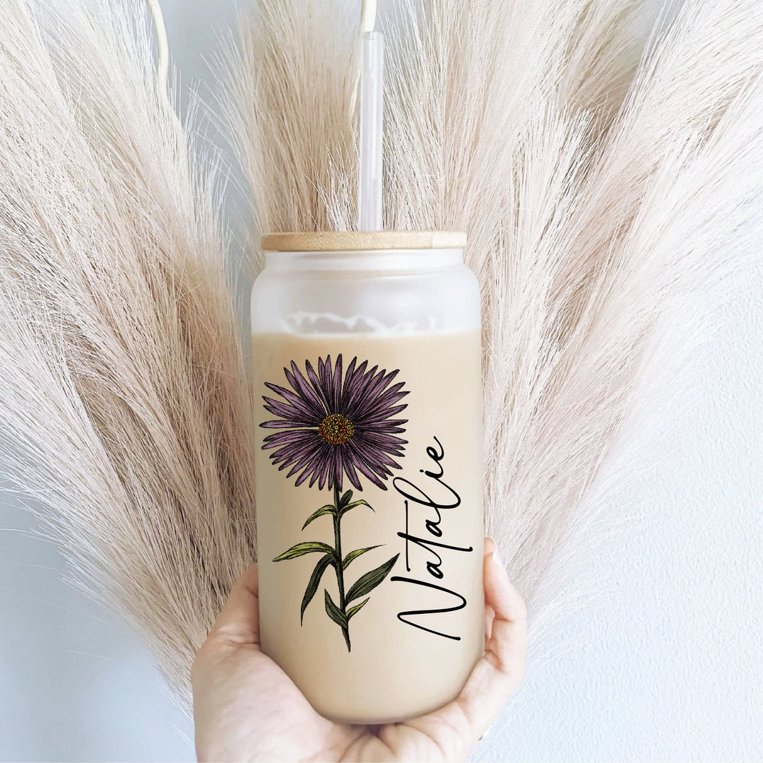 Birth Flower Iced Coffee Cup Personalized with Lid Straw