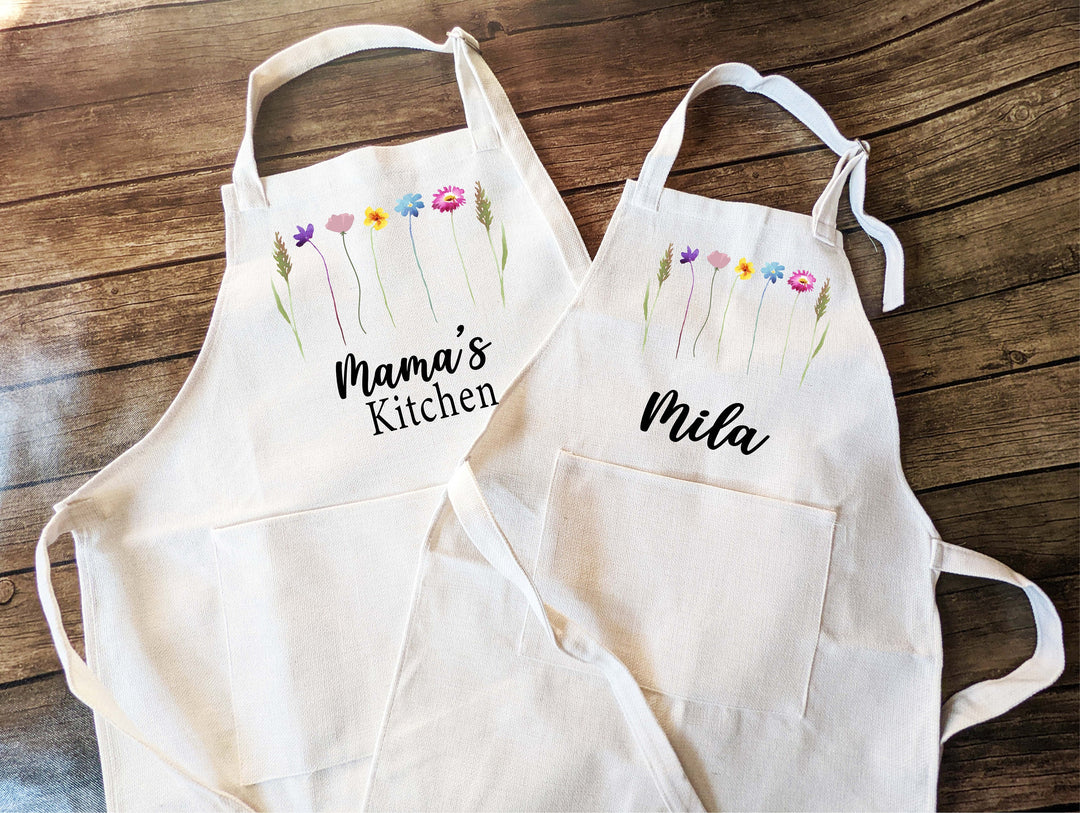 Personalized floral apron for women kids Custom cooking baking apron Kids Birthday gift apron for women with pocket baker gift Kitchen apron