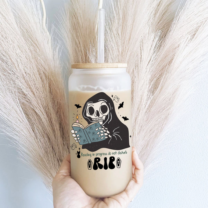 RIP Read in Peace Halloween Iced Coffee Glass Cup with Straw