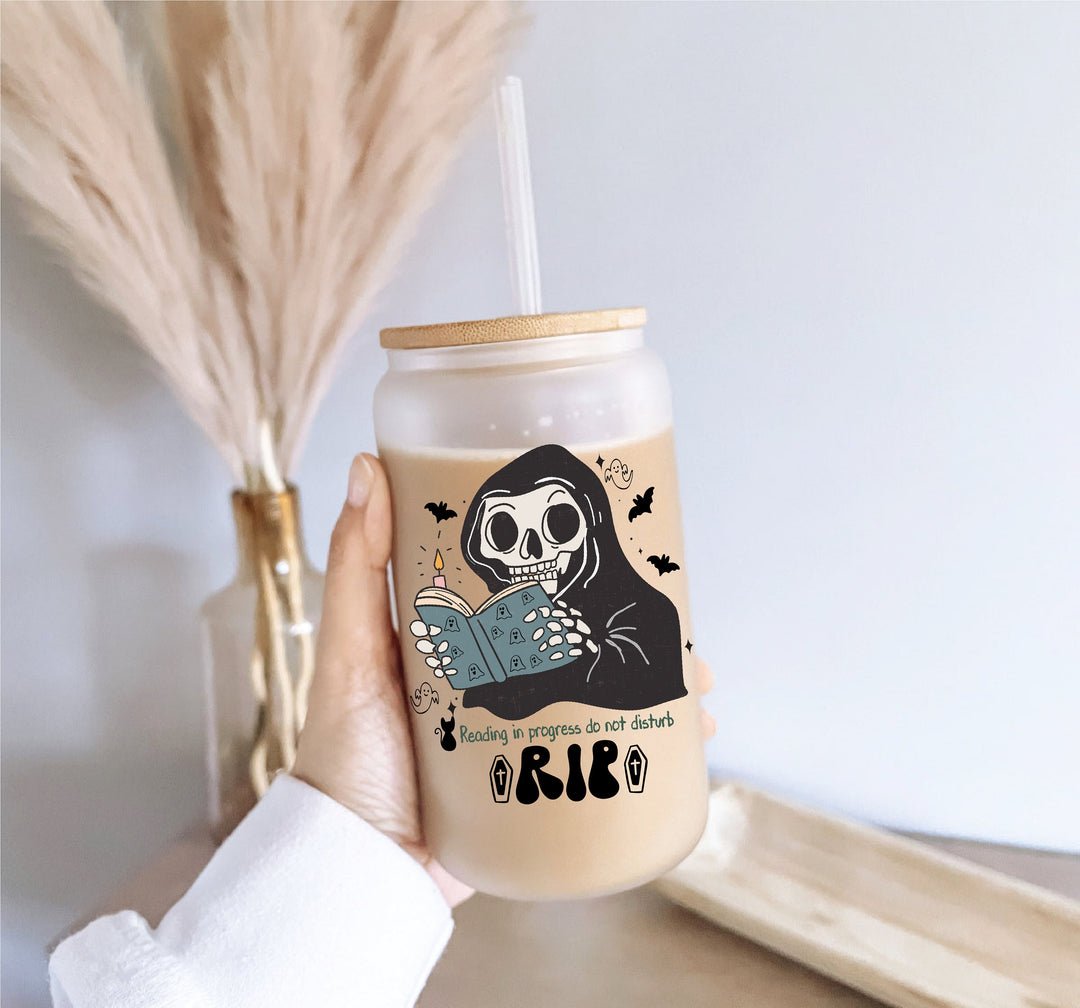 RIP Read in Peace Halloween Iced coffee Glass cup with lid and straw Ghost glass can iced coffee glass Coffee Tumbler Halloween ghost cup