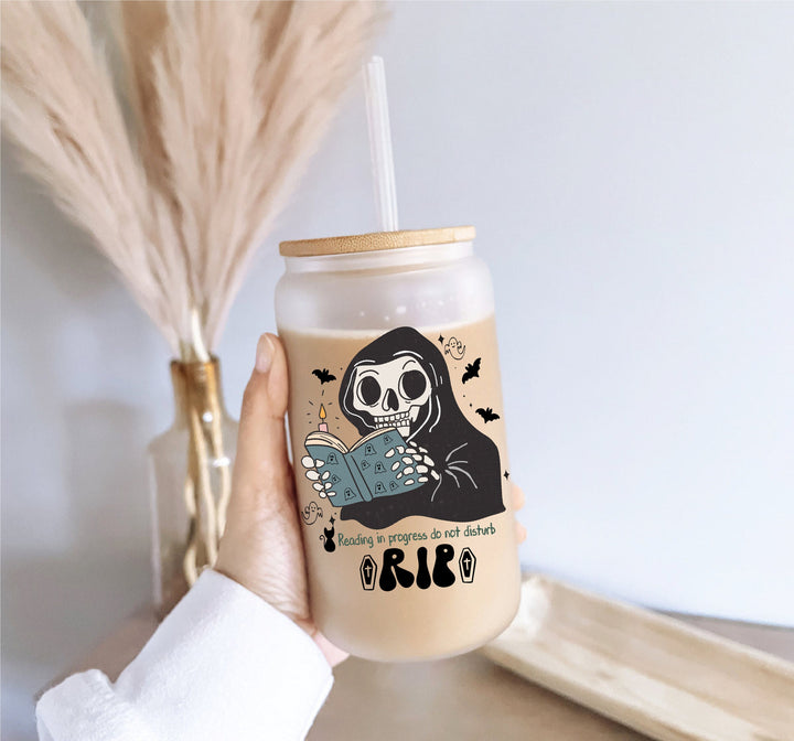 RIP Read in Peace Halloween Iced coffee Glass cup with lid and straw Ghost glass can iced coffee glass Coffee Tumbler Halloween ghost cup