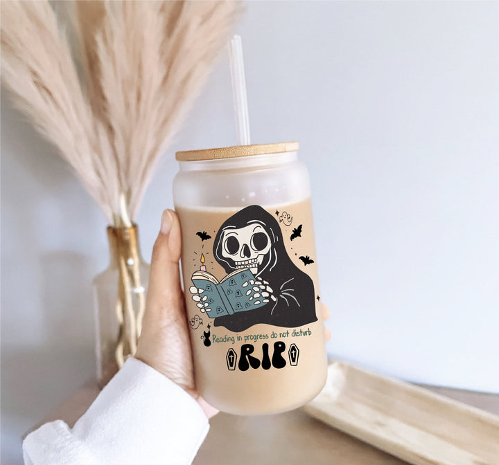 RIP Read in Peace Halloween Iced Coffee Glass Cup with Straw