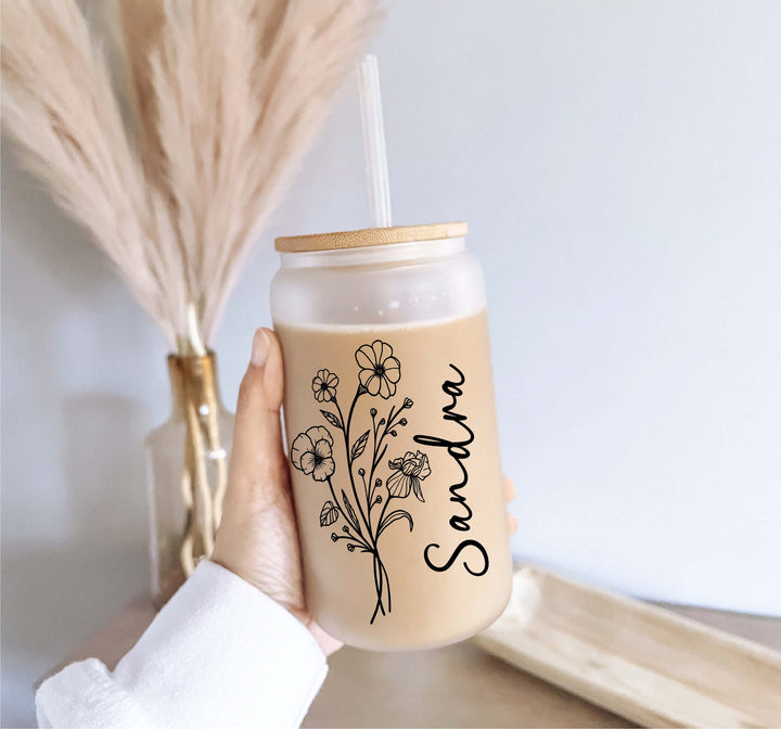 Personalized Birth Flower Iced Coffee Cup Lid & Straw