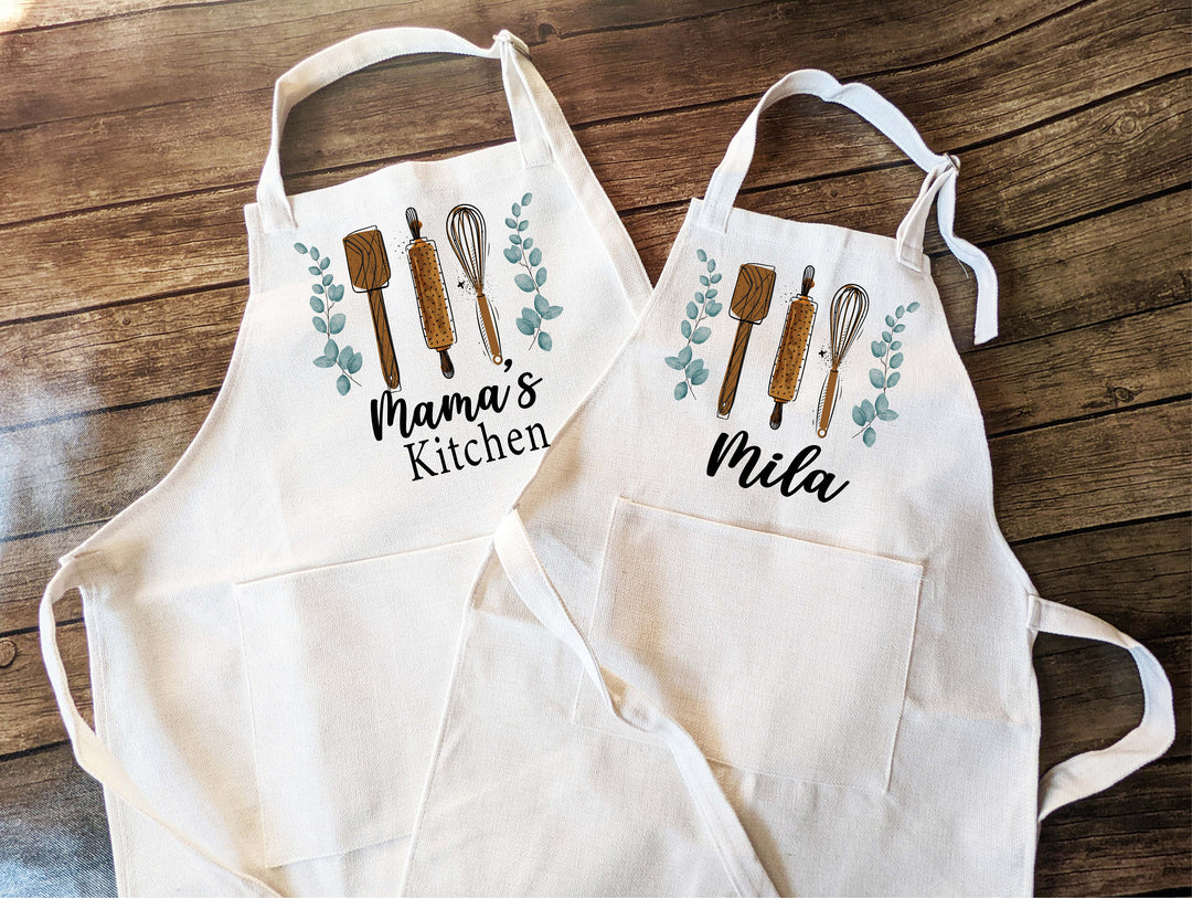 Personalized apron for women kid Custom cooking baking greenery apron Kids Birthday gift apron for women with pocket Grandma Kitchen apron