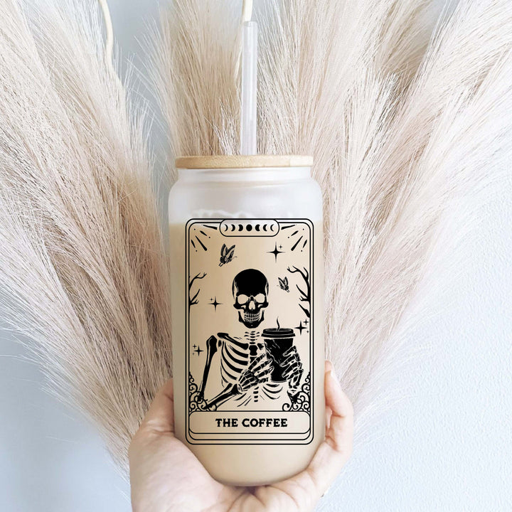 Skeleton Coffee tarot card Iced coffee cup glass with lid and straw Iced coffee glass cup beer Soda can skeleton Iced coffee glass tumbler