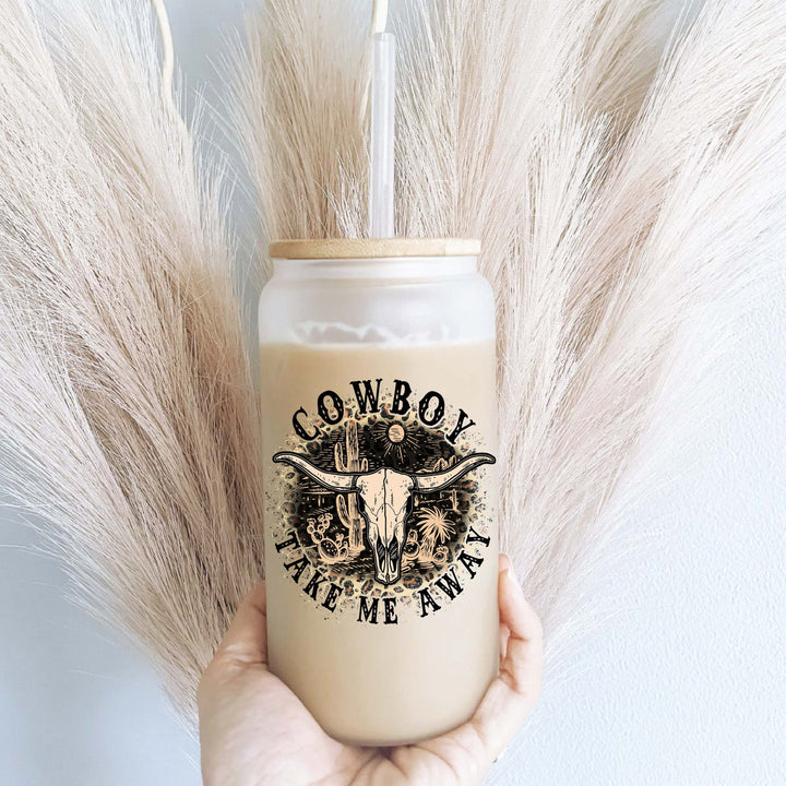 Western Cow boy take me away Iced coffee cup with lid and straw Retro glass can iced coffee glass Coffee Tumbler Western bull coffee cups