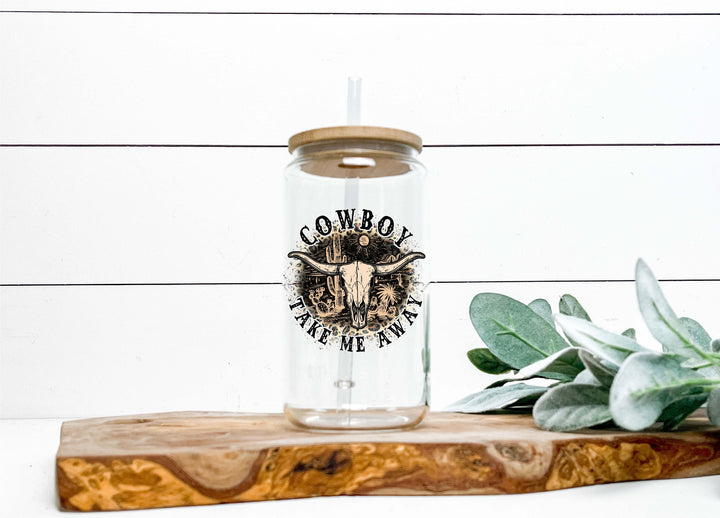 Western Cow boy take me away Iced coffee cup with lid and straw Retro glass can iced coffee glass Coffee Tumbler Western bull coffee cups