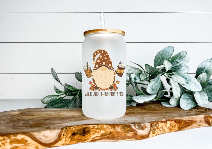 Gnomes Iced coffee cups Fall coffee cups Gnome Pumpkin spice glass can Iced coffee tumbler with lid and straw Fall pumpkin spice lover gifts