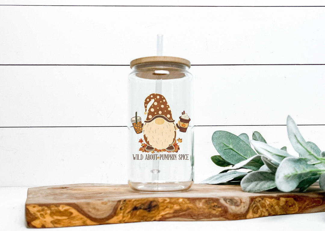 Gnomes Iced coffee cups Fall coffee cups Gnome Pumpkin spice glass can Iced coffee tumbler with lid and straw Fall pumpkin spice lover gifts