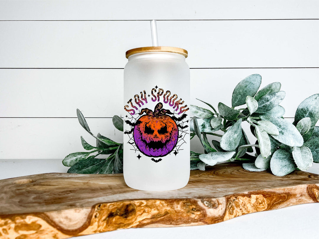 Halloween Iced coffee Glass cup with lid and straw Stay spooky Halloween glass can iced coffee glass Coffee Tumbler Halloween pumpkin glass