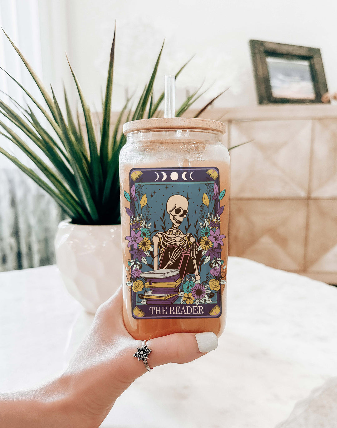 Reader Tarot card Iced coffee cup with lid and straw Book lover Iced coffee glass Skeleton reader Tumbler book&nbsp;nerd gift Books reader gift