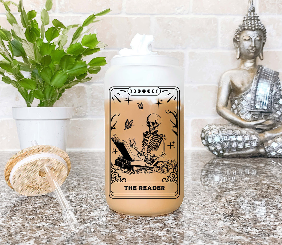 Tarot card reader Iced coffee cup with lid and straw Book lover Iced coffee glass Skeleton reader Tumbler book&nbsp;nerd gift Books reader gift