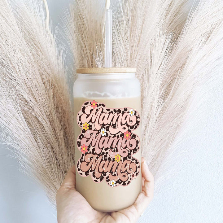 Retro Mama Iced coffee Glass cup with lid &amp; straw mom gift tumbler Pregnancy reveal gift for mama Floral mama gift Tumbler mom gift birthday