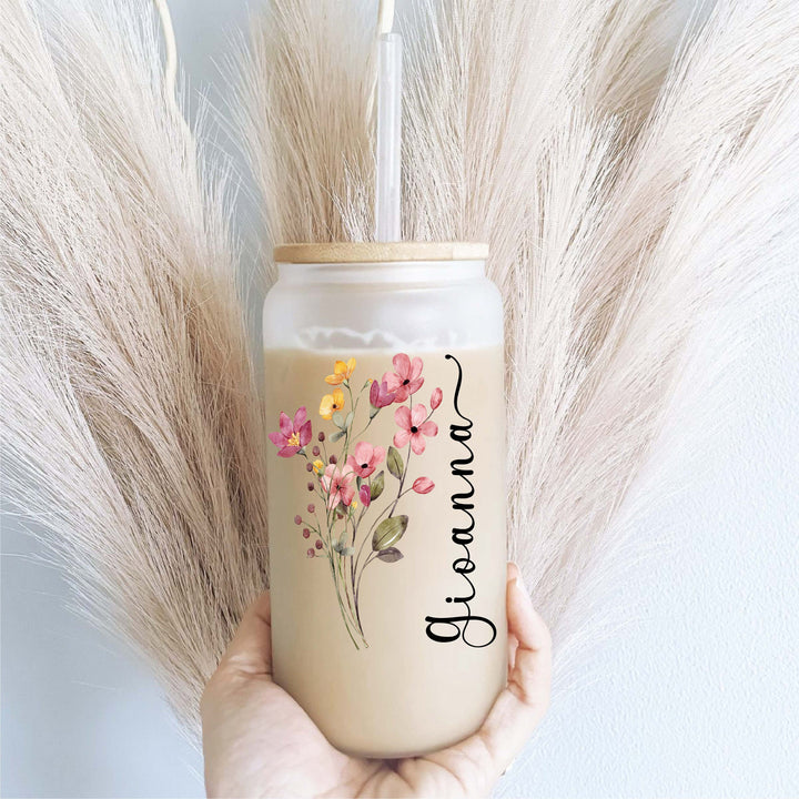 Floral iced coffee cup with Name &amp; Lid Bridesmaid proposal gift tumbler Party favor custom iced coffee glass cup name&nbsp;Birthday coffee cup