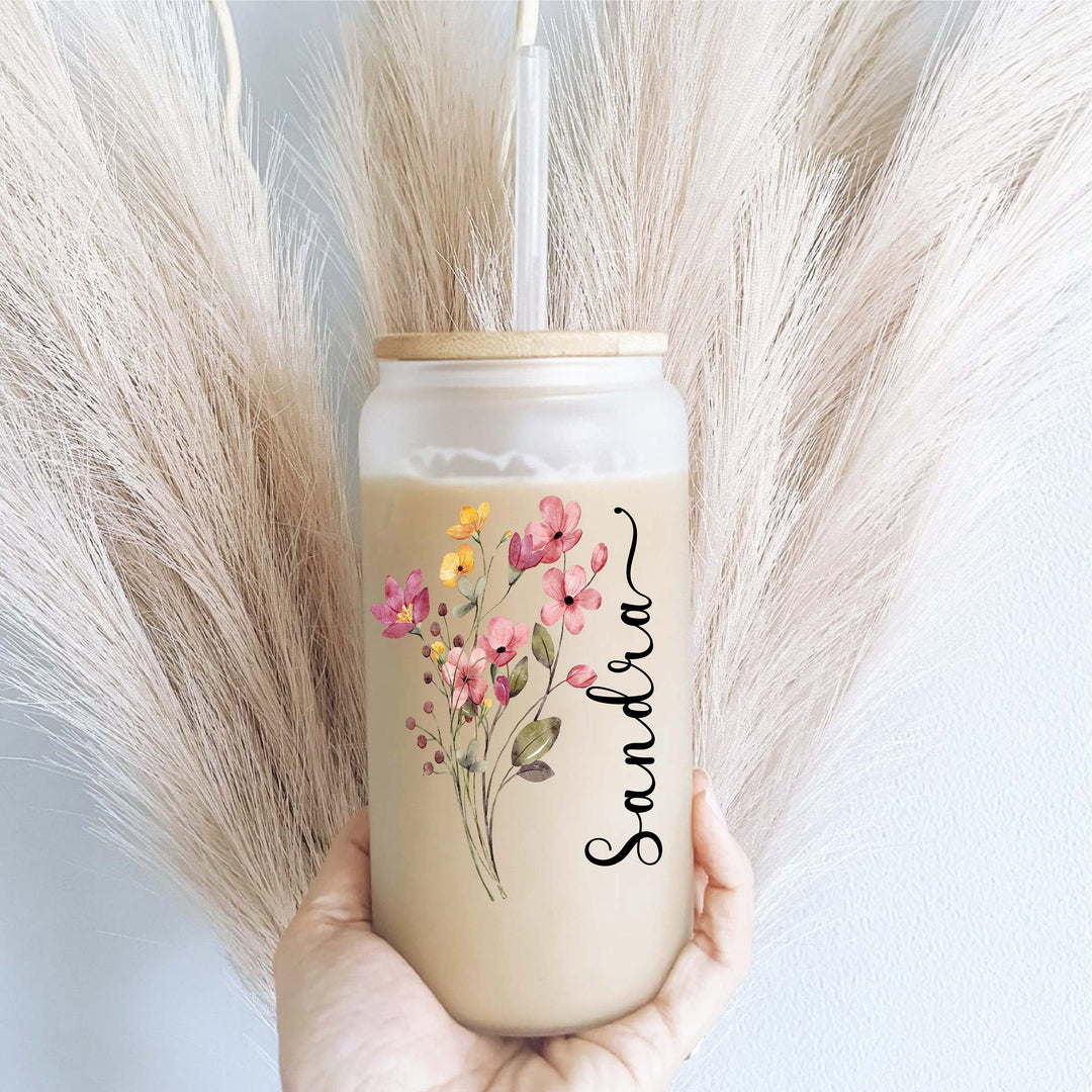 Floral iced coffee cup with Name &amp; Lid Bridesmaid proposal gift tumbler Party favor custom iced coffee glass cup name&nbsp;Birthday coffee cup