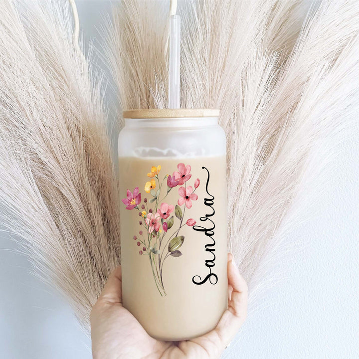 Floral iced coffee cup with Name &amp; Lid Bridesmaid proposal gift tumbler Party favor custom iced coffee glass cup name&nbsp;Birthday coffee cup