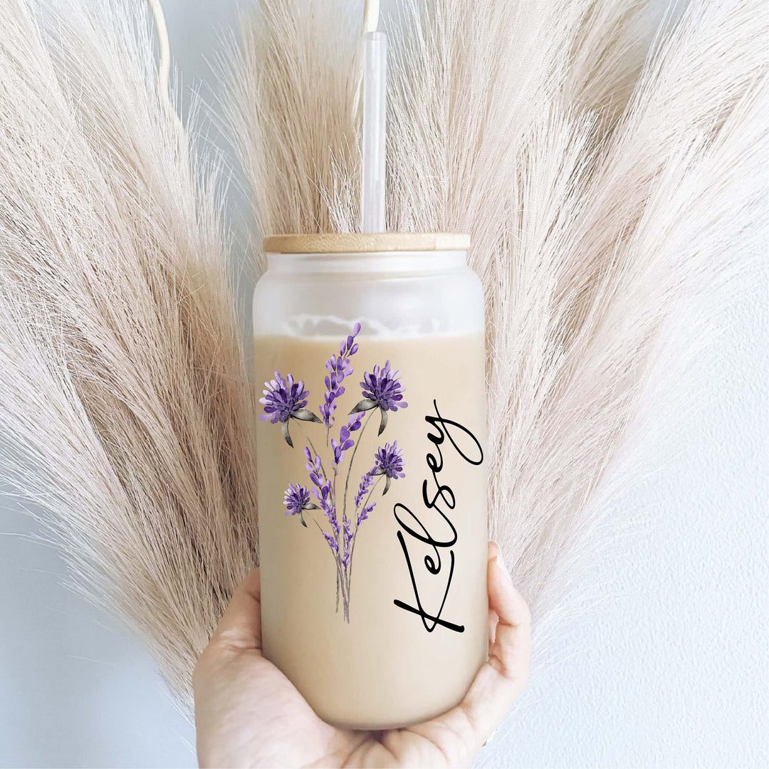 Lavender Iced Coffee Cups With Name Lid Glass Tumbler