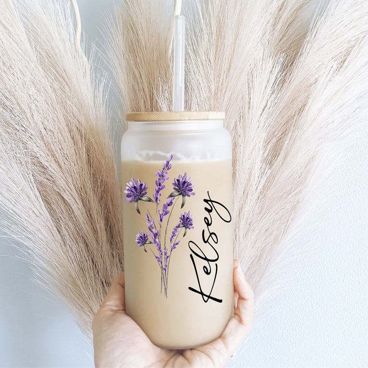 Lavender Iced Coffee Cups With Name Lid Glass Tumbler