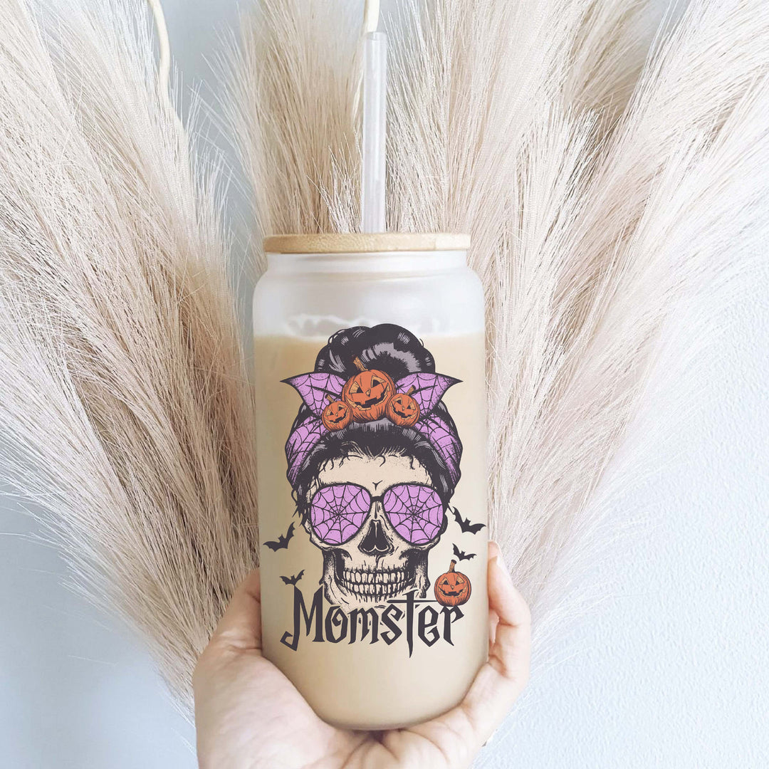 Halloween Momster Iced Coffee Glass Cup with Lid and Straw