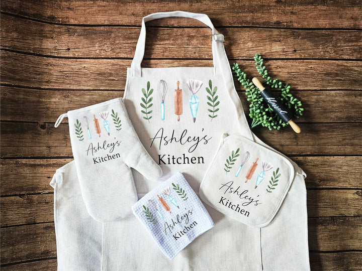 Personalized Apron for Women with Pocket and Oven Mitts