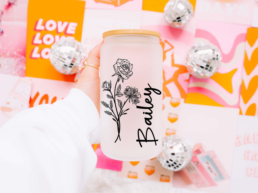 Personalized Birth Flower iced coffee cup Lid &amp; straw Bridesmaid proposal gift tumbler Bachelorette party favor birth flower coffee glass