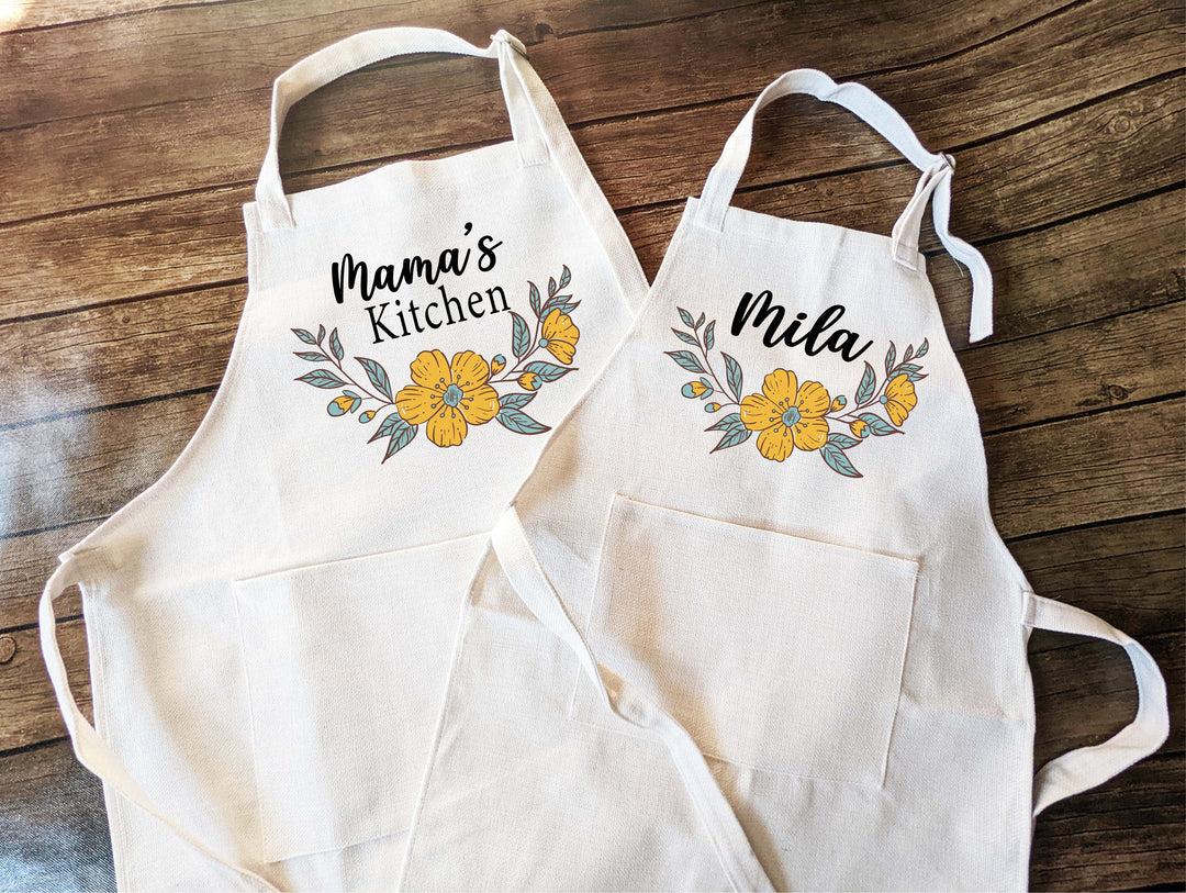 Personalized floral apron for women Custom kids cooking baking apron Kids Birthday gift apron for women with pocket baker gift Kitchen apron