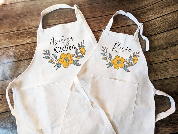 Personalized floral apron for women Custom kids cooking baking apron Kids Birthday gift apron for women with pocket baker gift Kitchen apron