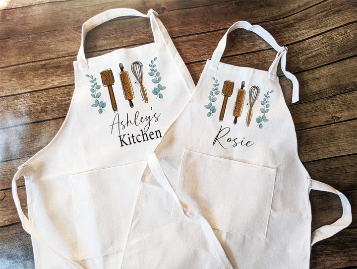 Personalized apron for women kid Custom cooking baking greenery apron Kids Birthday gift apron for women with pocket Grandma Kitchen apron