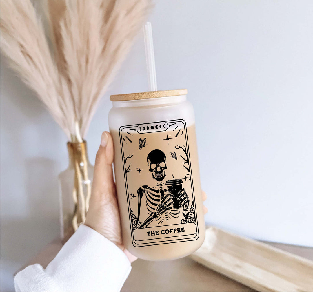 Skeleton Coffee tarot card Iced coffee cup glass with lid and straw Iced coffee glass cup beer Soda can skeleton Iced coffee glass tumbler