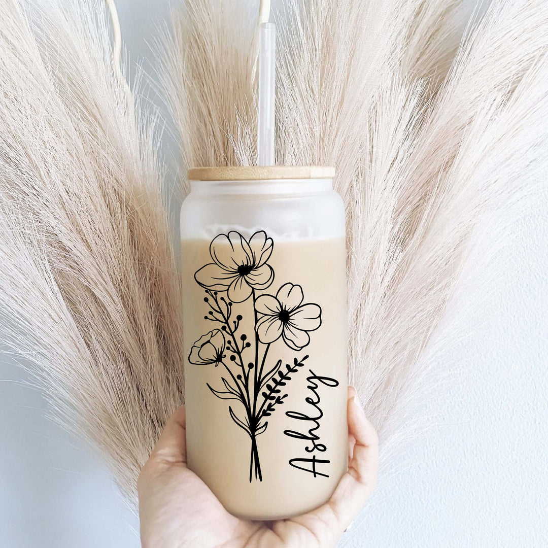 Wild Flower Iced Coffee Cups With Name & Lid Glass Tumbler