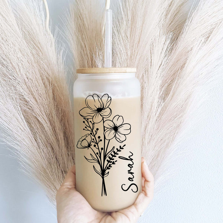 Wild Flower Iced Coffee Cups With Name & Lid Glass Tumbler