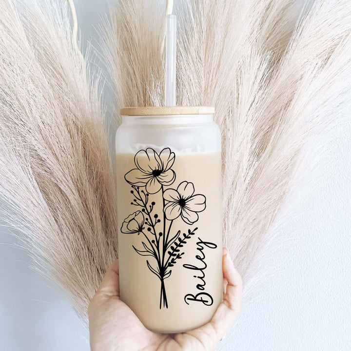 Wild Flower Iced Coffee Cups With Name & Lid Glass Tumbler