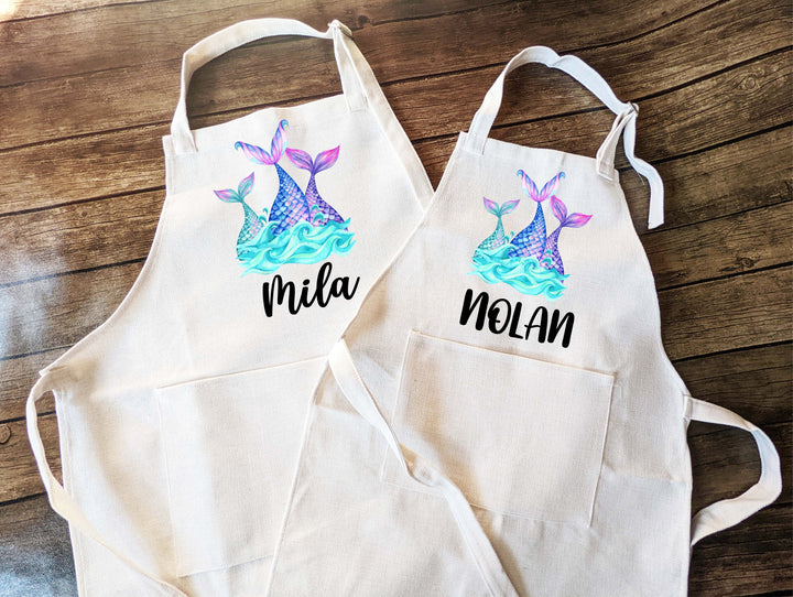 Personalized mermaid girls Apron birthday gift for kids with Pocket Personalized apron Custom Baking aprons kitchen apron Kids gift aprons