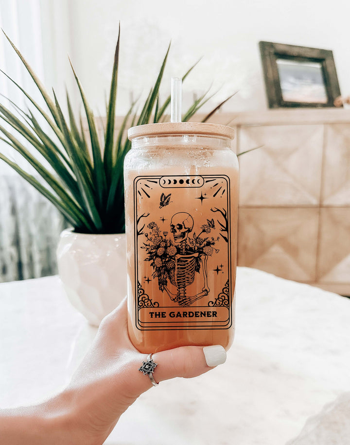 Skeleton gardener Iced coffee cup with lid and straw Tarot card Iced coffee glass Iced coffee tumbler Plant lover gift&nbsp;Gardening mom gift