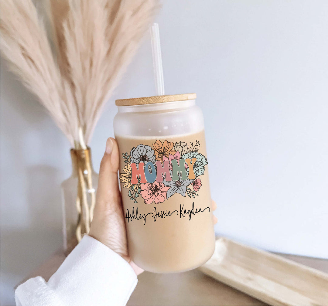 Personalized mama Iced coffee Glass cup with lid and straw mom gift tumbler Retro Mommy Floral mama gift Custom mama Tumbler with kids name