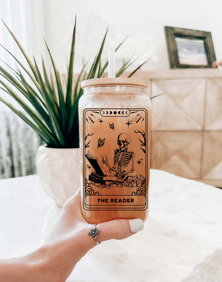 Tarot card reader Iced coffee cup with lid and straw Book lover Iced coffee glass Skeleton reader Tumbler book&nbsp;nerd gift Books reader gift