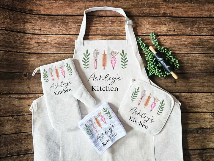 Personalized Apron for women with pocket Custom Oven mitts and Potholder Personalized dish towel Kitchen gift for her wedding gift for her