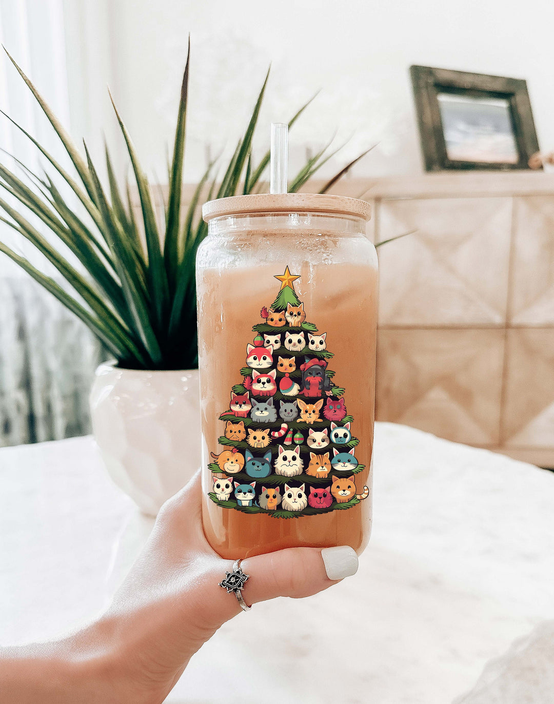Cat Book Christmas Tree Iced Coffee Glass with Lid