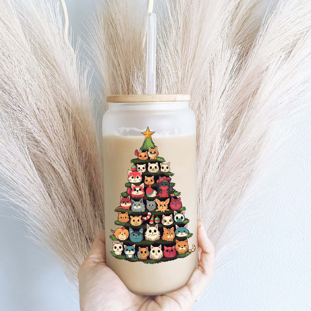 Cat Book Christmas tree Iced coffee glass with lid and straw Iced coffee cup Iced coffee glass&nbsp;frosted Soda can Tumbler Iced coffee glass