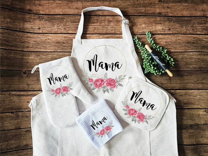 Personalized Apron for women with pocket Custom Oven mitt and Potholder Personalized dish towel Kitchen gift for her wedding Birthday Gift