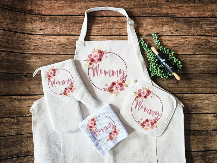 Personalized Gift for her Apron for women Custom Oven mitts and Potholder Personalized dish towel Kitchen gift for her wedding gift for her