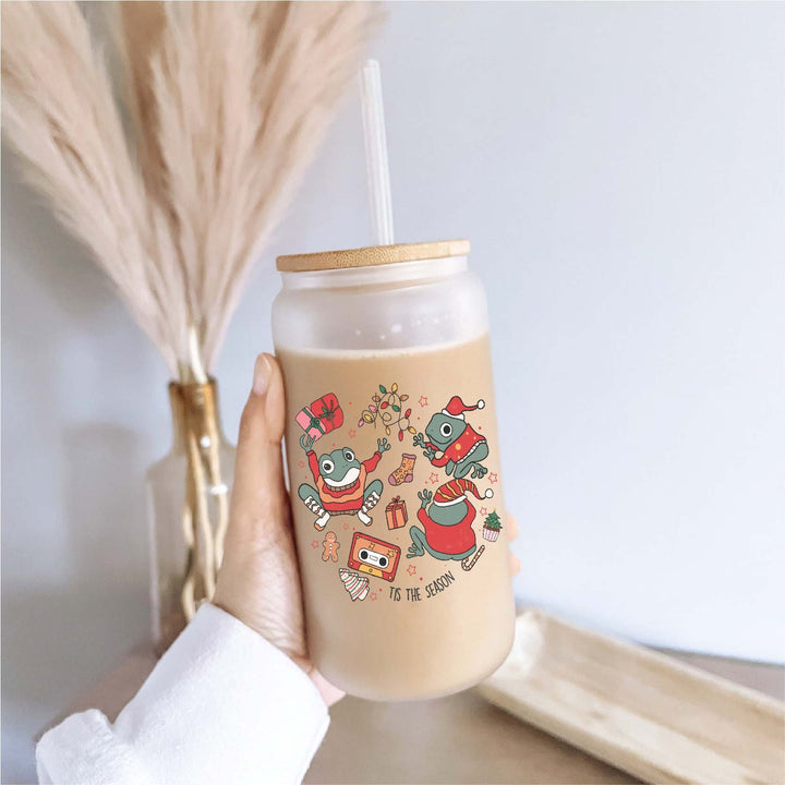 Frog Christmas Iced Coffee Glass With Lid And Straw Cup