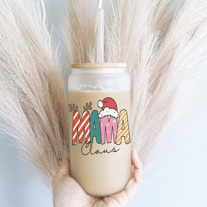 Mama Claus Iced Coffee Glass Cup with Lid and Straw Tumbler