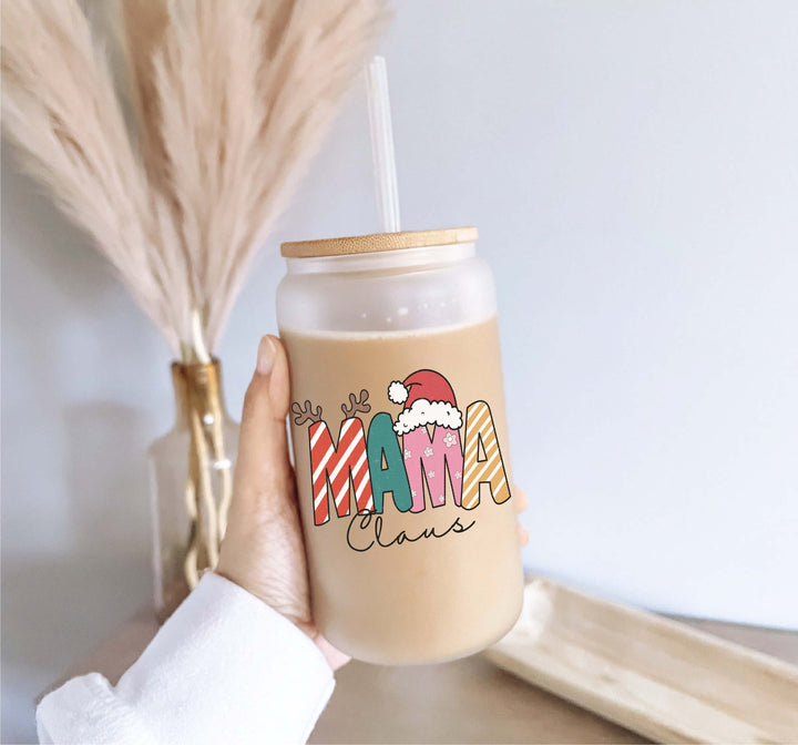 Mama Claus Iced Coffee Glass Cup with Lid and Straw Tumbler