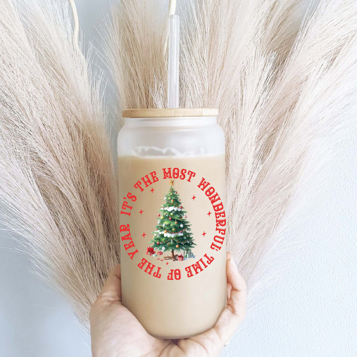 Most wonderful time Christmas Iced coffee glass cup with lid and straw Iced coffee cup Christmas gift tumbler Holiday iced coffee cups