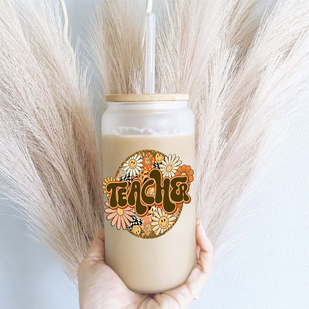 Retro teacher iced coffee cup Lid &amp; straw Floral Teacher gifts Teacher coffee cup Teacher appreciation Christmas gift Teacher coffee mug