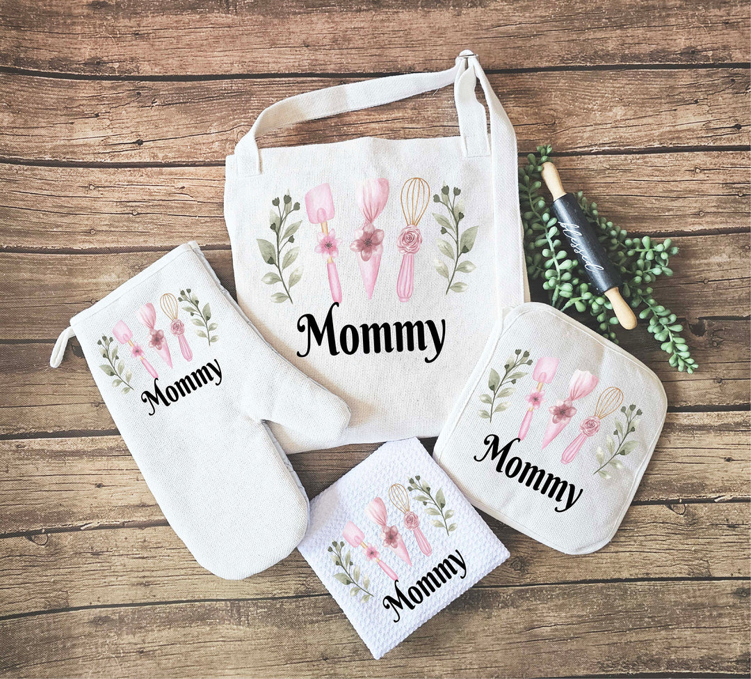 Personalized Apron for women with pocket Custom Oven mitts and Potholder Personalized dish towel Kitchen gift for her wedding gift for her