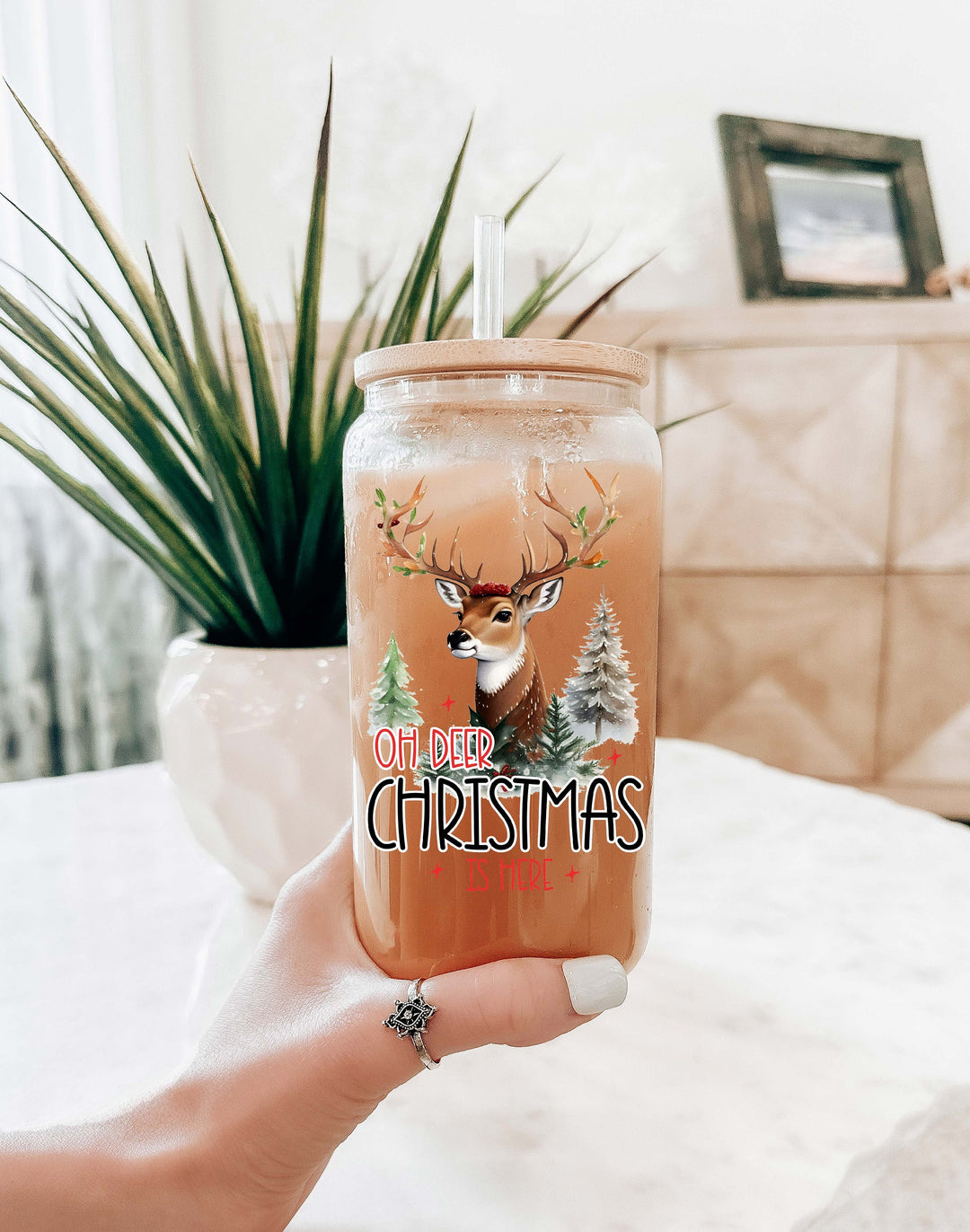 Oh deer Christmas is here Iced coffee glass cup with lid and straw Christmas coffee glass Christmas gift tumbler Holiday iced coffee cups